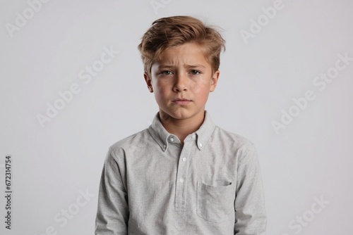 image of a boy with a stomachache posing on a white background. photo