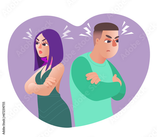 Resentment between a guy and a girl. they turned away from each other. Concept of difficulty in relationships between couples. Vector flat illustration