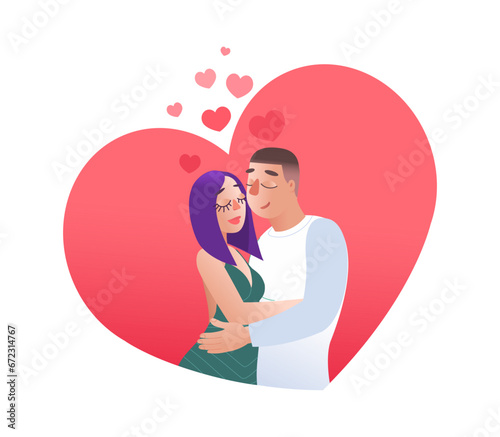 Young loving smiling couple boy and girl standing hugging, hugging each other, feeling in love. Romantic close relationship concept vector flat illustration