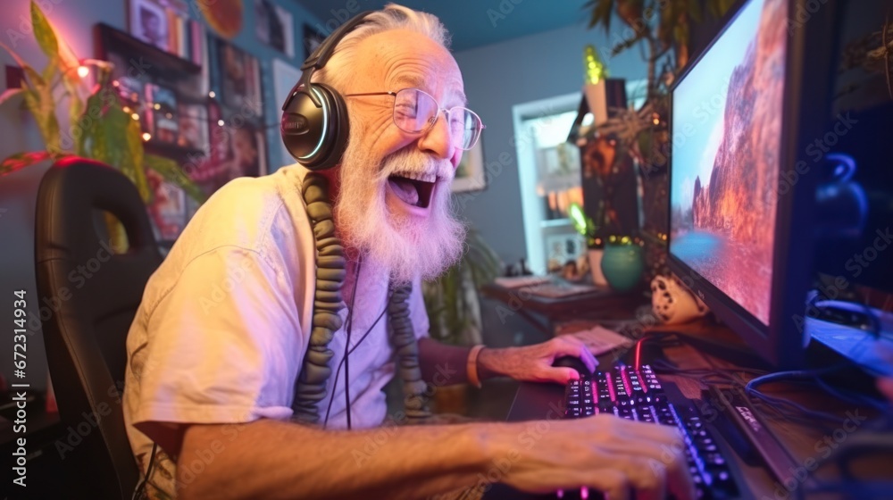 Old man gamer laughing and playing online games computer, Relaxation with video game