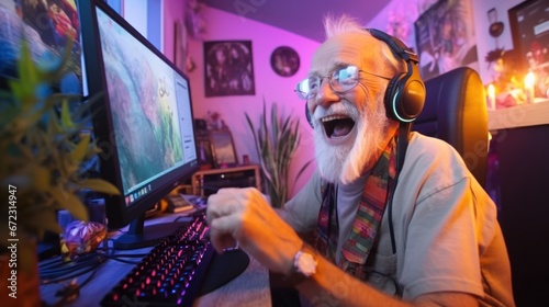 Old man gamer laughing and playing online games computer, Relaxation with video game
