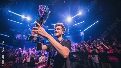 Professional gamer winner and lift the trophy for champions league, E-sport and tournament, Celebrate for champions photo