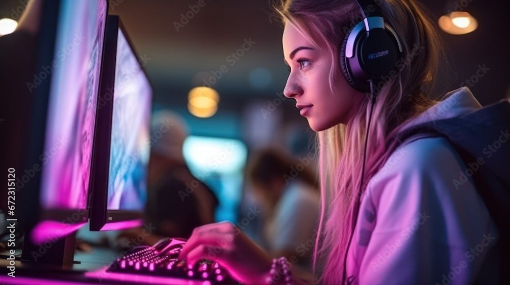 Professional gamer girl playing online games computer, Relaxation with video game Professional gamer girl playing online games computer, Relaxation with video game