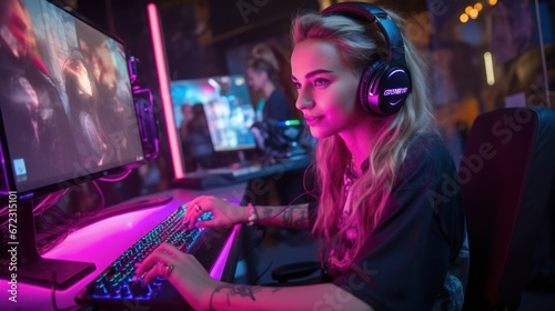 Professional gamer girl playing online games computer, Relaxation with video game