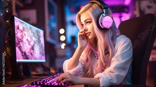 Professional gamer girl playing online games computer, Relaxation with video game