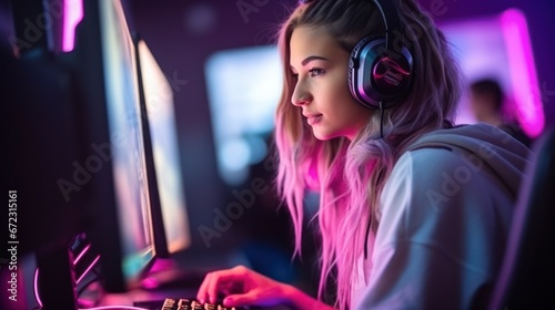 Professional gamer girl playing online games computer, Relaxation with video game © ETAJOE