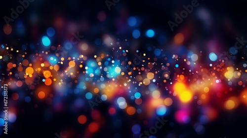 Abstract Colorful Neon bokeh Christmas texture. Sparkling blur holiday City light. Christmas new year eve blurred background. Disco music bright glow design.