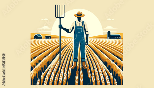 Farmer in Wheat Field with Pitchfork Vector Design