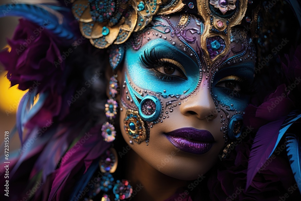 A captivating and theatrical portrait of a stunning woman adorned in a Mardi Gras mask 