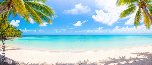 Paradise beach of a tropical island, palm trees, white sand, azure water. Famous stone beach in the Seychelles. Generative AI. © Budjak Studio