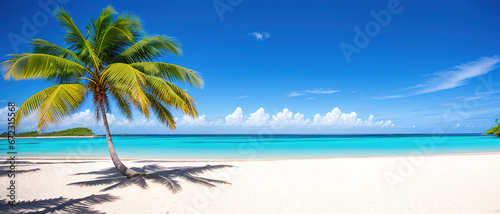 Paradise beach of a tropical island  palm trees  white sand  azure water. Famous stone beach in the Seychelles. Generative AI.
