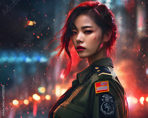 A girl in a military uniform against the background of smoke, sparks, fires