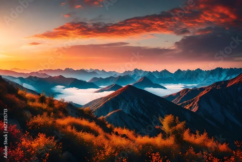 A mountain range at sunrise with vibrant colors, breathtaking