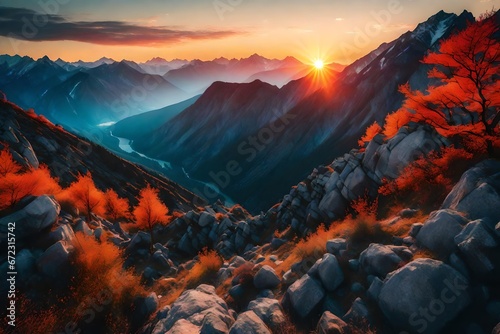 A mountain range at sunrise with vibrant colors, breathtaking #672315742