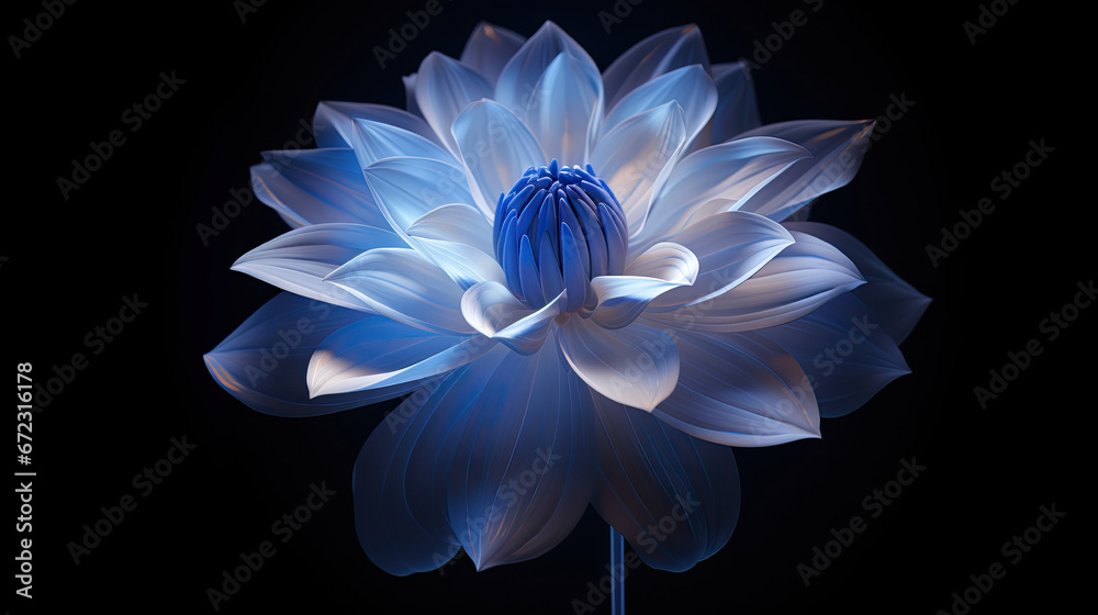 a blue and white flower on a black background with a black background. generative ai a blue and white flower on a black background with a black background. generative ai