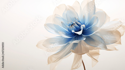  a blue and white flower on a white background with a blurry effect.  generative ai