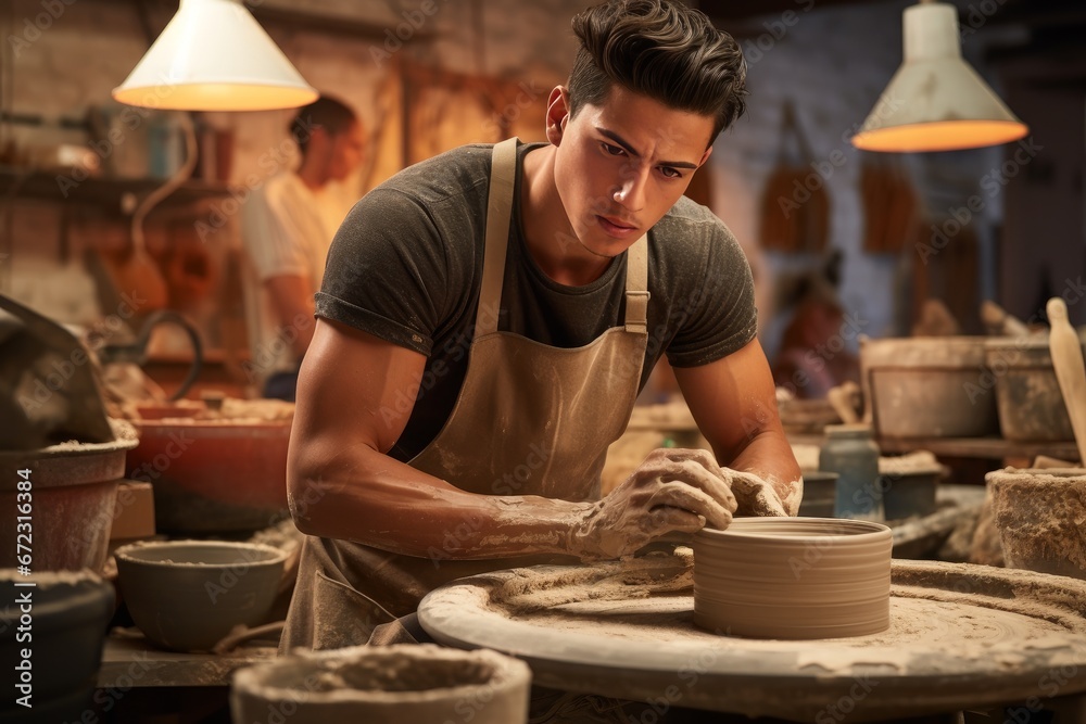A young male potter makes pottery in his workshop. Small business, eco-friendly production. - obrazy, fototapety, plakaty 