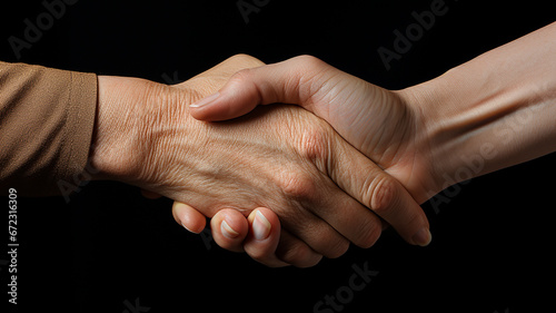 Photo close up of hand during hand shaking. Old people's hands and young people's hand during hand shaking. Isolated on black background. Generative AI