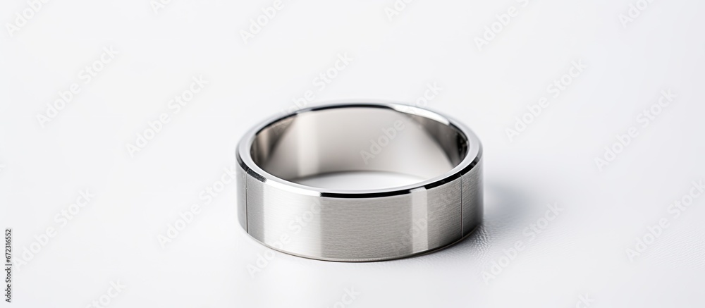 A ring made of stainless steel placed on a backdrop that is white in color A ring made of stainless steel placed on a backdrop that is white in color