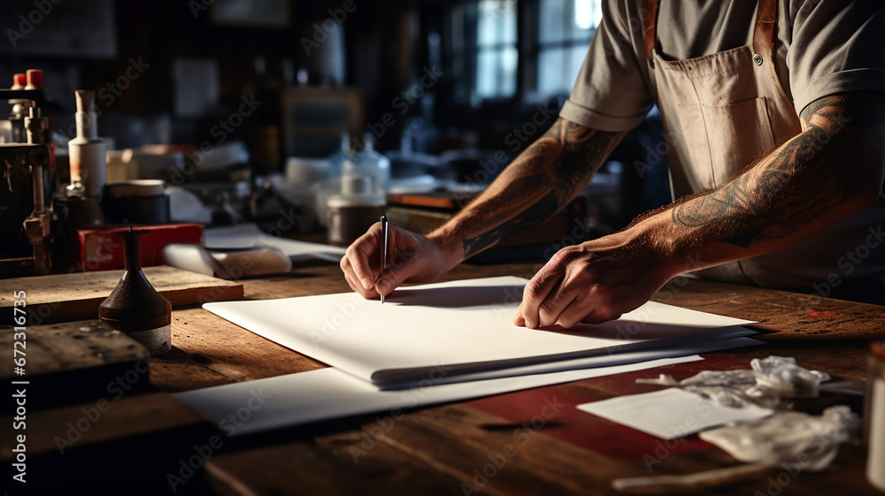 Photo of a painter artist is preparing painting tools at a workbench inside studio. Generative AI Photo of a painter artist is preparing painting tools at a workbench inside studio. Generative AI