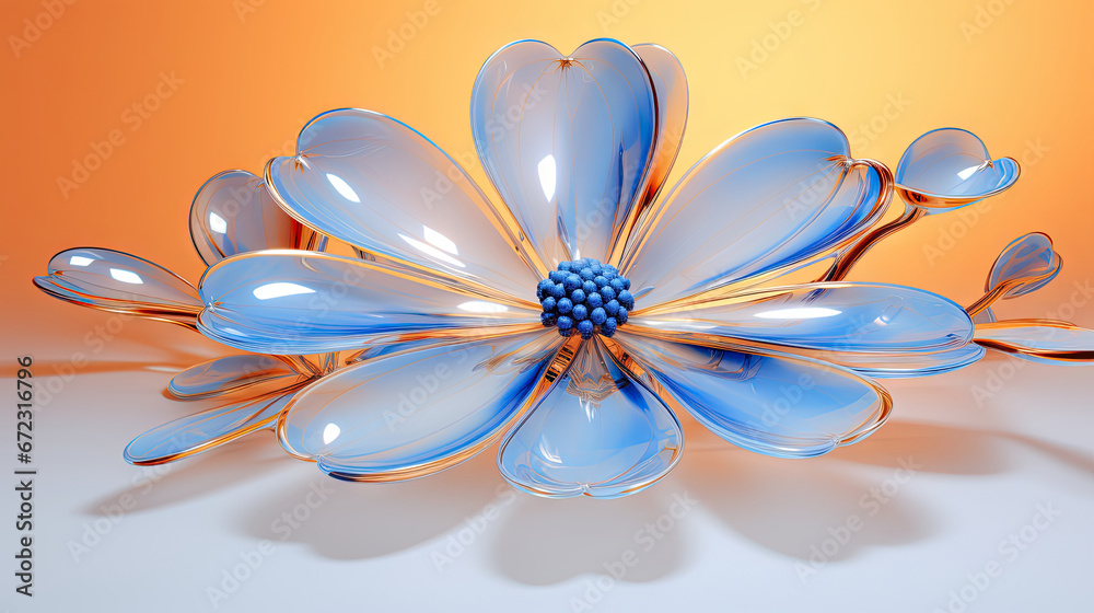  a blue flower with gold stems on a white surface with an orange background.  generative ai