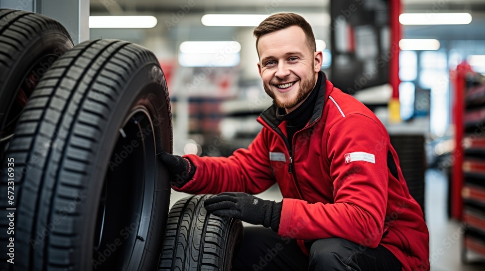 Male technician working at car tires service shop Male technician working at car tires service shop