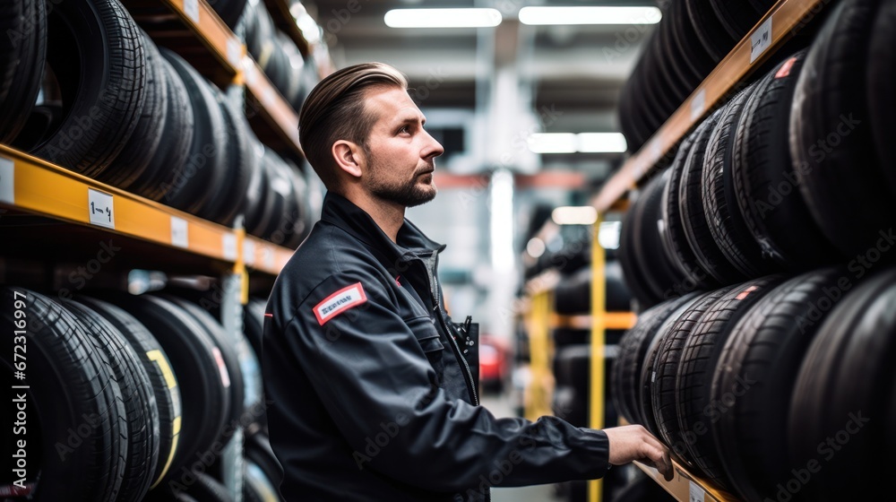 Male technician working at car tires service shop Male technician working at car tires service shop