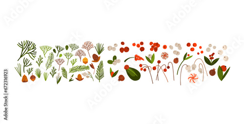 Hand drawn vector abstract cartoon Merry Christmas and Happy new year clipart illustrations elements set with flower,leaves and pine branch.Merry Christmas cute design.Winter holiday decoration.