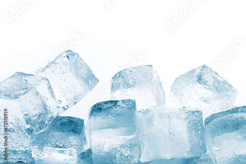 Close-up of ice cubes isolated on white background,Stack of compact ice cubes in blue color isolated on white background.