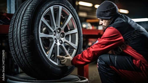 Male technician working at car tires service shop