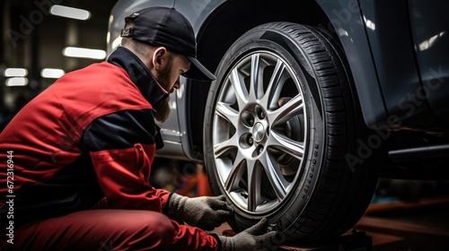 Male technician working at car tires service shop