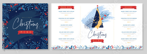 Restaurant Christmas holiday menu design with christmas floral desoration. Vector illustration