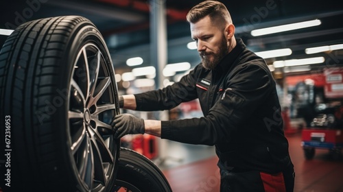 Male technician working at car tires service shop © ETAJOE