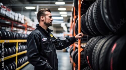 Male technician working at car tires service shop