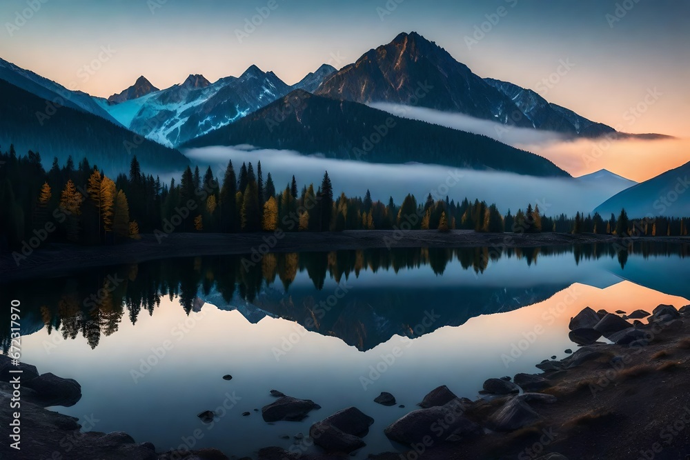 A mountain reflection in a calm lake
