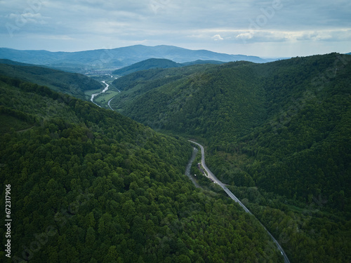 Carpathian mountains covered with green forest trees in Western Ukraine