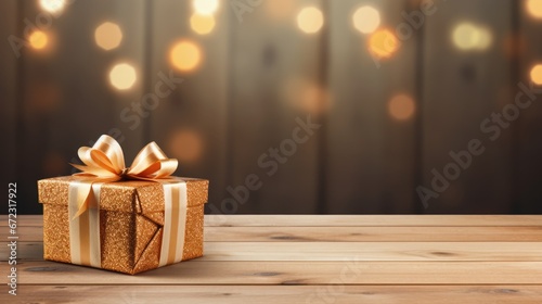 christmas gift box on wooden surface with bokeh background © David Kreuzberg