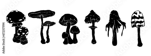 Set of silhouettes of forest mushrooms toadstools.Vector graphics. 