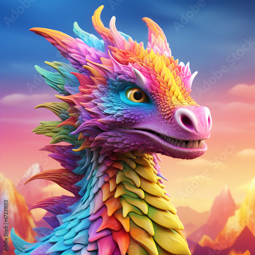 Head of Fantasy Dragon. Rainbow-colored dragon. Mythical creature. Legendary monster. An ancient monster. Fearsome. Fairytale. Sky background. Funny Cartoon character. Colorful AI illustration