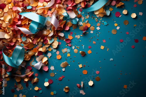 Falling confetti and ribbons on a dark backdrop indicating celebration