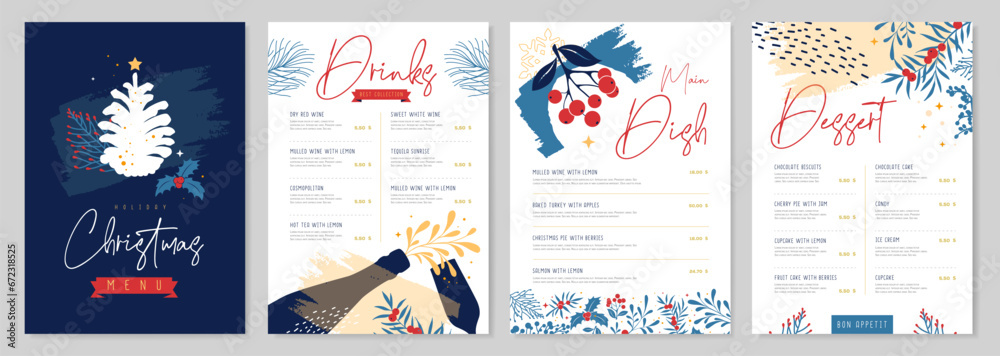 Naklejka premium Restaurant Christmas holiday menu design with christmas floral desoration. Vector illustration