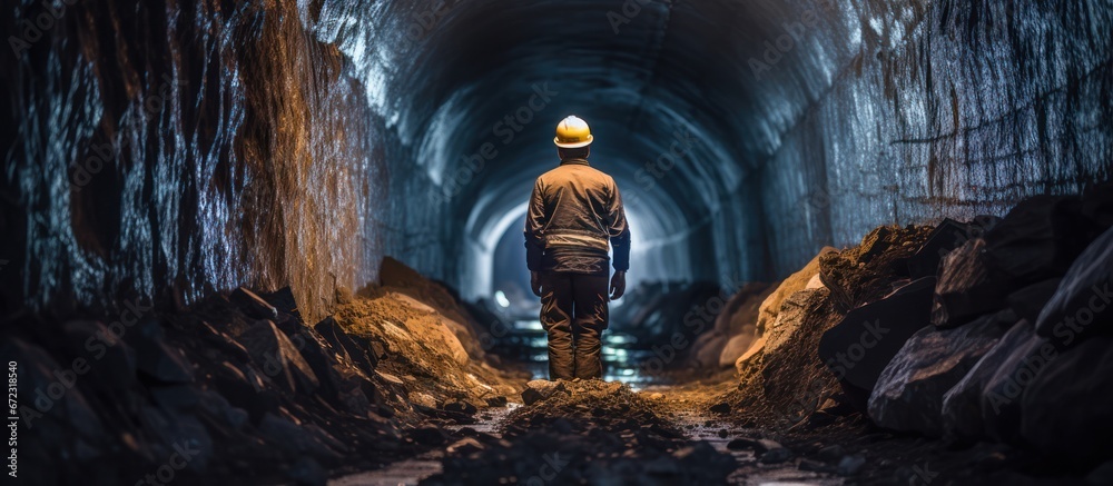 Fototapeta premium Tunnel worker during construction at tunnel railway underground construction