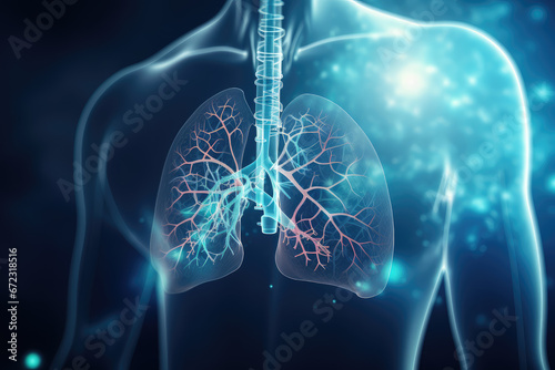 Healthcare with futuristic medical research focused on lung health. Innovative diagnosis and vital monitoring in a clinical hospital setting. Wide banner with copy space area photo