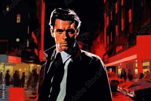 Portrait of a handsome man, in a city street, at night. Illustration poster in the style of 1960