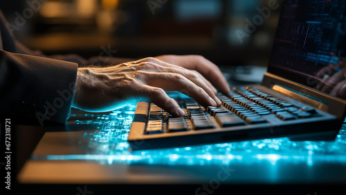 Business concept. Photo close up of Businessman hand is typing with a laptop keyboard. Doing work, surfing internet, chatting, research market data. Generative AI photo