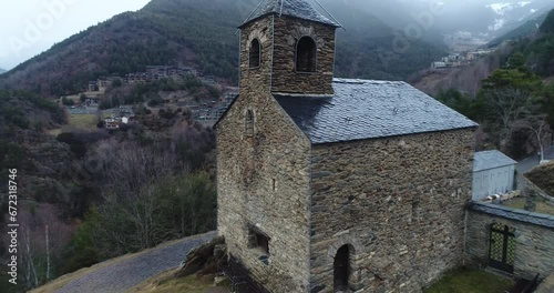 Romanesque church of San Cristofol in Agnos. Andorra. Winter.  photo