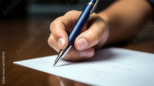 Business concept. Photo close up of hand writing on the paper. Businessman signing a document or write a message. Generative AI © Ibnu