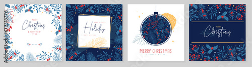 Set of Christmas holiday greeting cards or covers with christmas floral desoration. Vector illustration