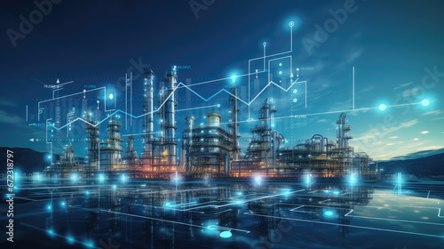 Petrochemical factory equipped with storage tanks  the backbone of energy infrastructure. Industrial technology in energy production and oil demand price chart concepts. Wide banner with copy space.