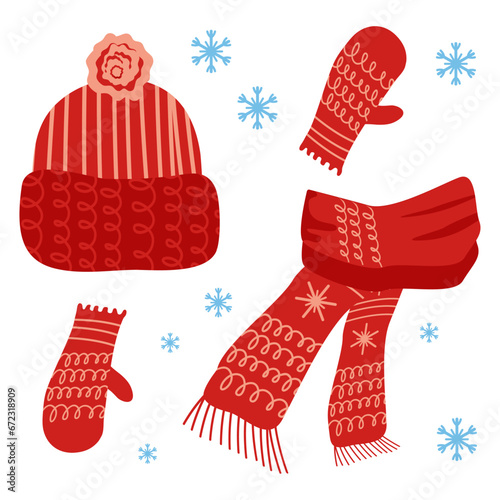 Set of cozy winter knit ornament clothes vector. hat, mitten, scarf